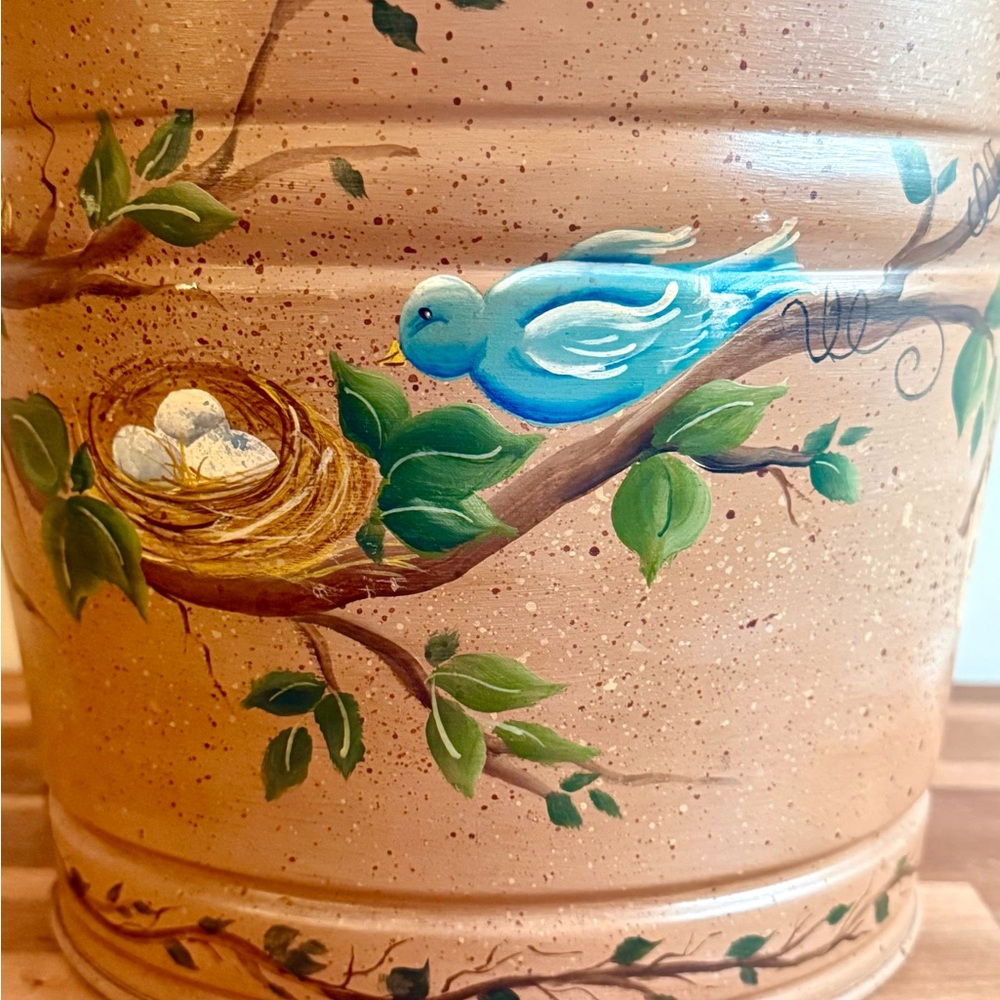 Charming Cottagecore Hand Painted Birds, Vines, Nests Galvanized Metal Bucket - Picture 2 of 10
